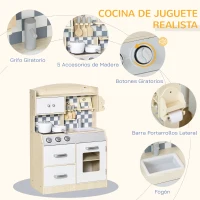 HOMCOM Cocina de Juguete de Madera para Niños +3 Años con 5 Accesorios Cocinita Infantil con 2 Armarios 2 Cajones Grifo Simulado y Soporte para Papel 54,5x29x80 cm Natural(m-5)