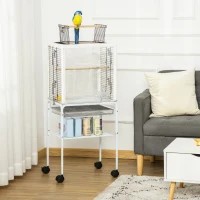 PawHut Jaula para Pájaros con Soporte Desmontable Jaula de Aves Canarios con 4 Ruedas Techo Abrible 2 Comederos 2 Perchas Bandeja Extraíble y Rejillas 47x35x106,5 cm Blanco(m-2)
