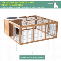 PawHut Conejera de Exterior Jaula para Conejos Cabayas Animales Pequeños con Caseta Techo Asfáltico Abatible y Múltiples Puertas 123x120x52 cm Madera Natural(m-4)