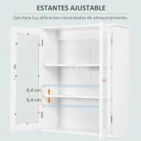 kleankin Armario de Pared Baño de 2 Puertas de Cristal Armario Colgante Multiusos para Cocina Salón con Estantes Interiores y Balda Ajustable 55x20x65 cm Blanco(m-5)