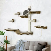 PawHut 8Pcs Wall Mounted Cat Tree with Scratching Posts, Perches, Ladder, for Sleeping, Playing, Lounging - Brown(m-10)