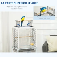 PawHut Jaula para Pájaros con Soporte Desmontable Jaula de Aves Canarios con 4 Ruedas Techo Abrible 2 Comederos 2 Perchas Bandeja Extraíble y Rejillas 47x35x106,5 cm Blanco(m-5)
