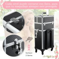 HOMCOM Maleta de Maquillaje Profesional Maletín de Comésticos Desmontable con Ruedas Universales Bandejas Desplegables con Cerradura Fácil de Transportar 36x24x79-107cm Negro(m-5)