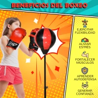 HOMCOM Saco de Boxeo para Niños +3 Años Altura Ajustable con Guantes e Inflador Soporte de Metal Base Tipo Pedal 68x18,5x86-125 cm Rojo y Negro(m-4)