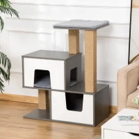 PawHut Árbol para Gatos de Madera Altura 93 cm con 2 Cuevas Cojines Extraíbles Plataformas Postes Rascadores de Yute Natural y Múltiples Entradas para Descansar 77x39x93 cm Gris(m-2)