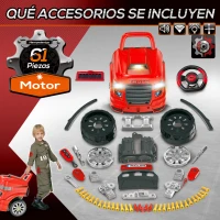 HOMCOM Motor de Camión para Niños de +3 Años Conjunto de Motor de Juguete con 61 Piezas Volante Bocina Faros Caja de Almacenaje y Ruedas 40x39x47 cm Rojo(m-6)