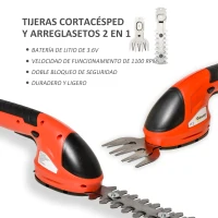Outsunny Tijeras Cortacésped y Arreglasetos 2 en 1 Cortasetos a Batería de 3,6V con 2 Cuchillas Ancho de Corte 12 cm/8 cm Rojo(m-4)