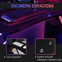 HOMCOM Mesa Gaming 120x66x76 cm con Luz LED RGB y Control Remoto Escritorio Gaming Desk con Portavasos Gancho para Auriculares Soporte para Mandos Gamepad Fibra de Carbono Negro y Rojo(m-7)