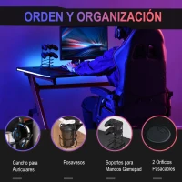 HOMCOM Mesa Gaming 120x66x76 cm con Luz LED RGB y Control Remoto Escritorio Gaming Desk con Portavasos Gancho para Auriculares Soporte para Mandos Gamepad Fibra de Carbono Negro y Rojo(m-5)