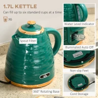 HOMCOM 3000W 1.7L Rapid Boil Kettle & 4 Slice Toaster, Kettle and Toaster Set with 7 Browning Controls and Crumb Tray, Green(m-4)