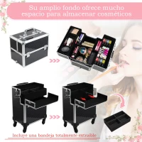HOMCOM Maleta de Maquillaje Profesional Maletín de Comésticos Desmontable con Ruedas Universales Bandejas Desplegables con Cerradura Fácil de Transportar 36x24x79-107cm Negro(m-6)