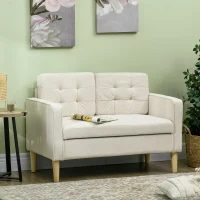 HOMCOM Modern Loveseat Sofa, Compact 2 Seater Sofa with Hidden Storage, 117cm Tufted Cotton Couch with Wood Legs, Cream White(m-10)