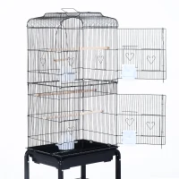 PawHut Jaula para Pájaros con Ruedas 47,5x37x153 cm Jaula Metálica de Aves con Puertas 4 Comederos 3 Perchas Bandeja Extraíble y Estante de Almacenaje para Canarios Periquitos Negro(m-7)