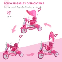 HOMCOM Triciclo para Niños de +18 Meses Triciclo Evolutivo Infantil con Capota Extraíble Asiento Giratorio Barra de Seguridad y Función de Luz Música 102x48x96 cm Rosa(m-5)