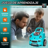 HOMCOM Juego Infantil de Motor con Herramientas 61 Piezas Volante Bocina Faros Caja de Almacenaje y Ruedas 40x39x47 cm Turquesa(m-7)