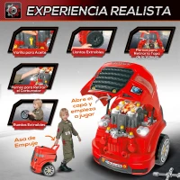 HOMCOM Motor de Camión para Niños de +3 Años Conjunto de Motor de Juguete con 61 Piezas Volante Bocina Faros Caja de Almacenaje y Ruedas 40x39x47 cm Rojo(m-4)
