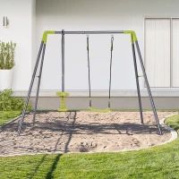 HOMCOM Set de Columpio Infantil al Aire Libre con Columpio y Balancín Doble Plaza Juguetes Exterior Adecuado para +3 Años 245x138x180cm Verde y Gris(m-2)