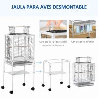PawHut Jaula para Pájaros con Soporte Desmontable Pajarera con 4 Ruedas Techo Abrible 2 Comederos 2 Perchas y Bandeja para Loros Canarios Periquitos 47x35x106,5 cm Blanco(m-4)