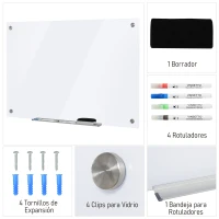 Vinsetto Pizarra de Cristal con Bandeja Pizarra de Pared sin Marco Incluye 4 Rotuladores y Borrador 90x60x0,45 cm Blanco(m-5)
