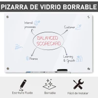 Vinsetto Pizarra de Cristal con Bandeja Pizarra de Pared sin Marco Incluye 4 Rotuladores y Borrador 90x60x0,45 cm Blanco(m-4)