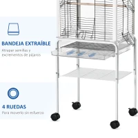 PawHut Jaula para Pájaros con Soporte Desmontable Pajarera con 4 Ruedas Techo Abrible 2 Comederos 2 Perchas y Bandeja para Loros Canarios Periquitos 47x35x106,5 cm Blanco(m-5)