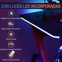 HOMCOM Mesa Gaming 120x66x76 cm con Luz LED RGB y Control Remoto Escritorio Gaming Desk con Portavasos Gancho para Auriculares Soporte para Mandos Gamepad Fibra de Carbono Negro y Rojo(m-4)