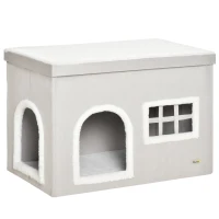 PawHut Casa Plegable para Gatos Interior Cueva para Gatos con Cojines de Felpa Suave Tapa Extraíble 2 Entradas y Ventana 71x42x49 cm Gris(m-1)