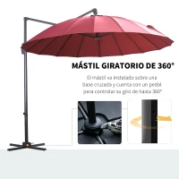 Outsunny Parasol Sombrilla de Jardín Ø300 cm de Diámetro con Manivela y Poste Giratorio 360° Techo Inclinable en 6 Posiciones Base Cruzada Incluida Rojo(m-5)