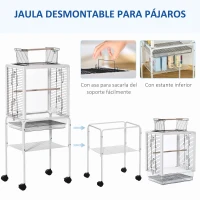 PawHut Jaula para Pájaros con Soporte Desmontable Jaula de Aves Canarios con 4 Ruedas Techo Abrible 2 Comederos 2 Perchas Bandeja Extraíble y Rejillas 47x35x106,5 cm Blanco(m-4)