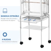 PawHut Jaula para Pájaros con Soporte Desmontable Jaula de Aves Canarios con 4 Ruedas Techo Abrible 2 Comederos 2 Perchas Bandeja Extraíble y Rejillas 47x35x106,5 cm Blanco(m-6)