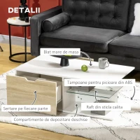 HOMCOM Masa de cafea, masa de ceai moderna cu raft din sticla calita si doua sertare, mese de cafea pentru camera de zi, camera de pat, alb(m-6)