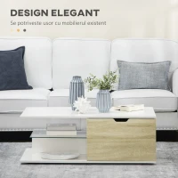 HOMCOM Masa de cafea, masa de ceai moderna cu raft din sticla calita si doua sertare, mese de cafea pentru camera de zi, camera de pat, alb(m-4)