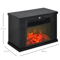 HOMCOM Lareira Elétrica Portátil com Termostato Ajustável 600W/1200W e Efeito de Chama Realista 34x17x25cm Preta(m-3)