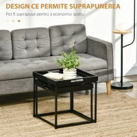 HOMCOM Set de 2 masute moderne, mese stivuibile patrate cu cadru de otel si efect lucios pentru sufragerie, negru(m-4)