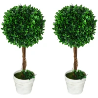 HOMCOM Set of 2 Artificial Boxwood Trees Artificial Plant Artificial Plants, incl. Artificial Moss, 1 Planter, 28cm x 28cm x 60cm, Green(m-1)
