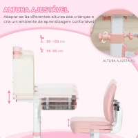 HOMCOM Conjunto de Secretária e Cadeira para Crianças com Altura Ajustável Gaveta Prateleiras e Bancada Inclinável 80x52x88-109 cm Rosa e Branco(m-4)