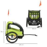 HOMCOM Reboque de Bicicleta para Crianças de 2 Lugares com Cinto de Segurança e Sistema de Amortecimento 140x88x90 cm Verde(m-3)