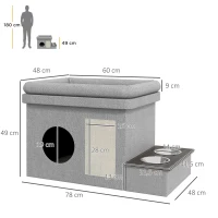 PawHut Cat House, Feeding Area with 2 Stainless Steel Bowls, Scratching Mat, Soft Lounge Cushion, 78 x 48 x 49.5 cm, Gray(m-3)