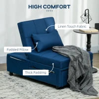 HOMCOM Convertible Chair Bed with Padding Seat, 4-in-1 Multi-Functional Sleeper Sofa Bed, Recliner with Adjustable Backrest, Side Pocket, Wheels and Pillow, for Living Room, Blue(m-4)