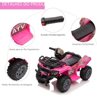 HOMCOM Quadriciclo Elétrico para Crianças Veículo Elétrico a Bateria 6V Infantil com  Velocidade 2km/h 70x42x45 cm Rosa(m-5)