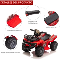 HOMCOM Quad Eléctrico Infantil para +18 Meses Vehículo Eléctrico a Batería 6V  con Velocidad de 2 km/h 70x42x45 cm Rojo(m-5)