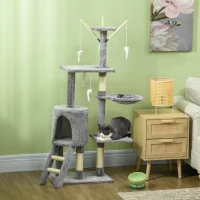 PawHut Cat Scratching Post Cat Tree for Indoor Cats Climbing Tower Scratcher w/ Ladder Kitty Activity Centre 135cm Grey(m-10)
