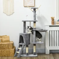 PawHut Cat Scratching Post Cat Tree for Indoor Cats Climbing Tower Scratcher w/ Ladder Kitty Activity Centre 135cm Grey(m-2)