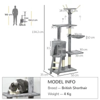 PawHut Cat Scratching Post Cat Tree for Indoor Cats Climbing Tower Scratcher w/ Ladder Kitty Activity Centre 135cm Grey(m-3)