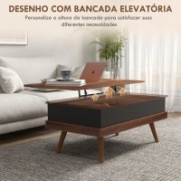 HOMCOM Mesa de Centro Elevatória com 3 Compartimentos de Armazenamento Ocultos e Pés de Madeira 100x79x54 cm Marrom e Preto(m-4)