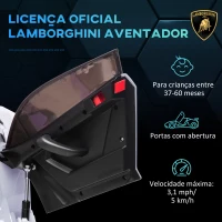 HOMCOM Carro Elétrico Lamborghini para Crianças 12V Velocidade Máxima 5km/h Controlo Remoto MP3 Luzes e Cinto de Segurança 107,5x63x42 cm Branco(m-4)