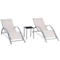 Outsunny Conjunto de 2 Espreguiçadeiras de Jardim 59x169x66 cm com Mesa 41x41x45 cm  Vidro Temperado Apoio de Braços Bege(m-1)
