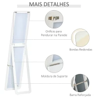 HOMCOM Espelho de Pé de Corpo Inteiro Retangular com 2 Formas de Uso Estrutura de Madeira de Pinho 37x43x156 cm Branco(m-6)