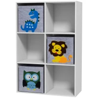 ZONEKIZ Estante para Brinquedos com 6 Compartimentos e 3 Caixas de Tecido não Tecido e Desenho de Animais 61,8x29,9x91,5 cm Branco e Cinza(m-11)