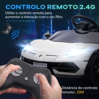 HOMCOM Carro Elétrico Lamborghini para Crianças 12V Velocidade Máxima 5km/h Controlo Remoto MP3 Luzes e Cinto de Segurança 107,5x63x42 cm Branco(m-6)